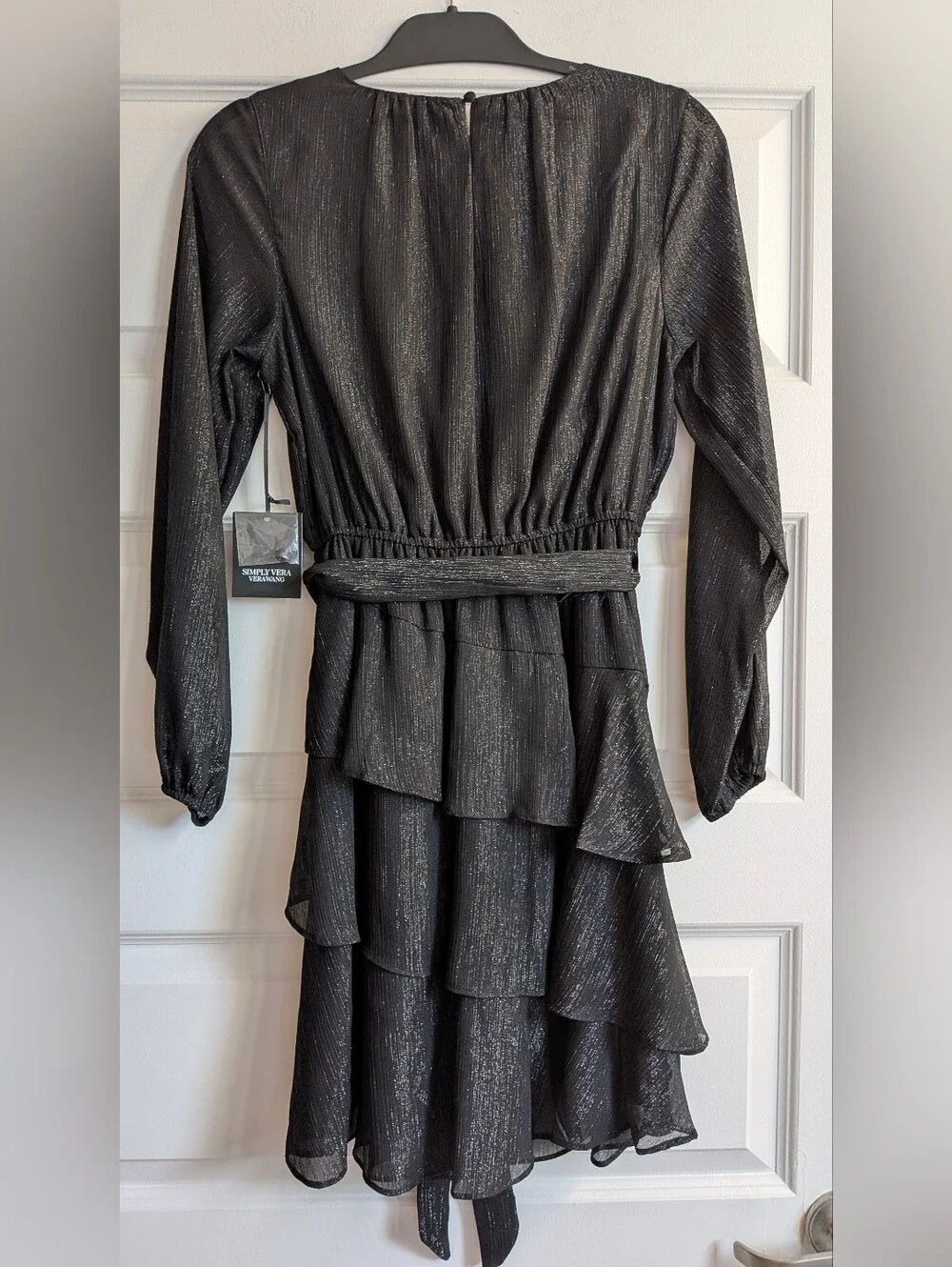 Vera Wang Black Metallic Tiered Long-Sleeve Dress